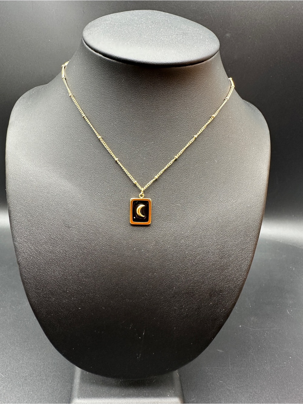 Gold Crescent Moon Black Enamel Pendant Necklace